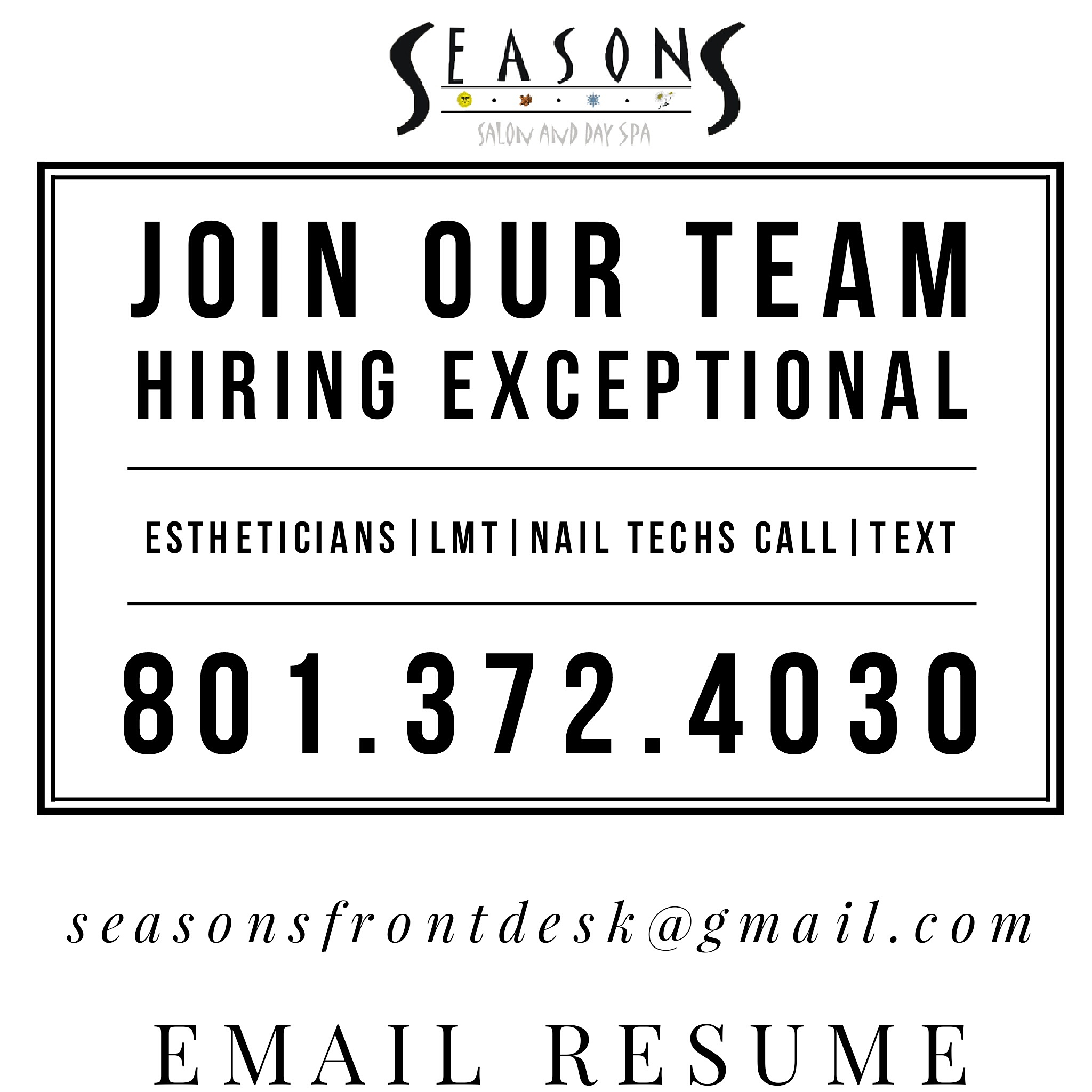 We're Hiring | Seasons Salon And Day Spa